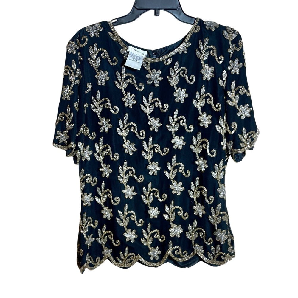 VTG Stenay Silk Beaded Blouse Womens M Black Floral Scalloped Hem Lined Top